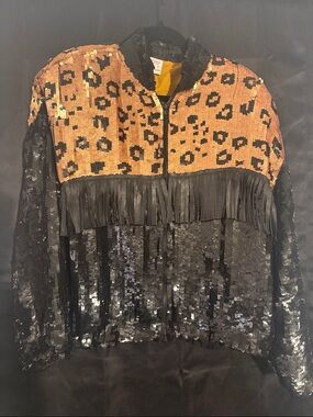 Vintage Sequin Leopard Fringe Bomber Jacket - Black & Brown